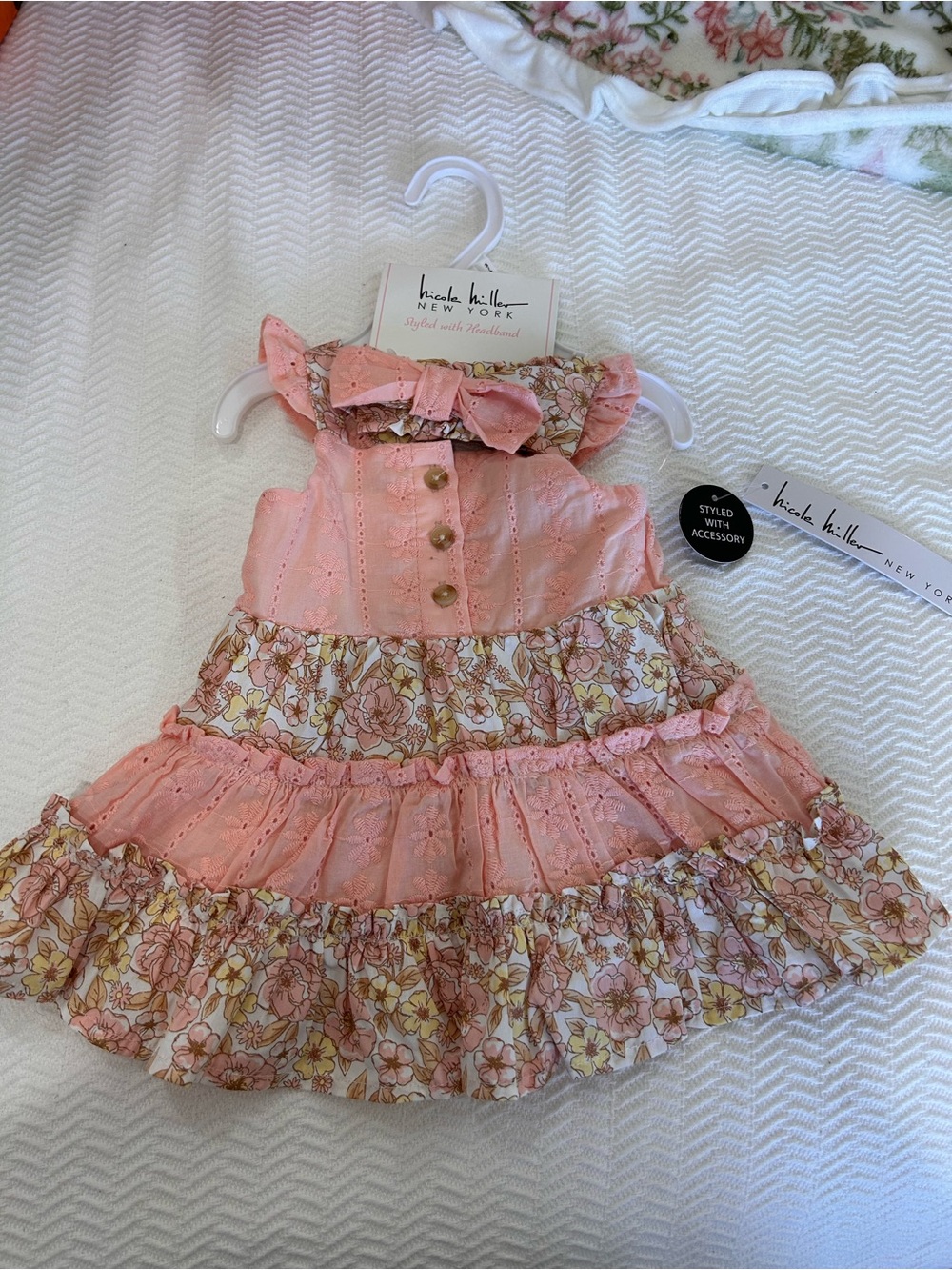 Nicole Miller Peach Pink Floral Ruffle Dress